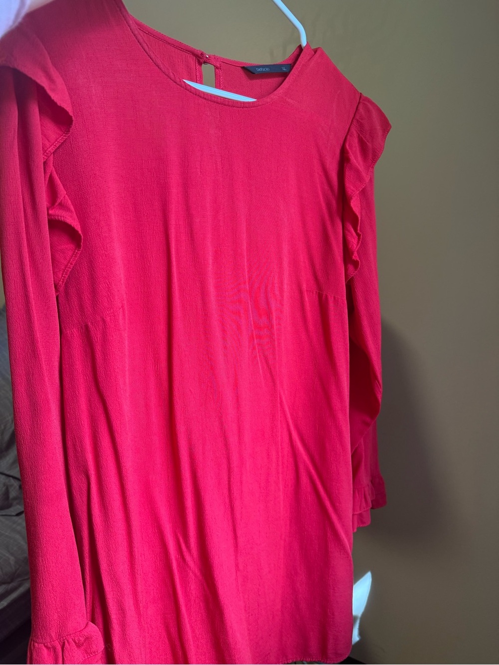 Red Ruffle-Shoulder Long-Sleeve Mini Dress - Picture 3 of 3